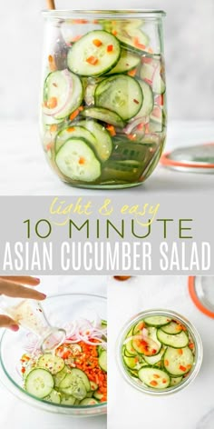 10 Minute Asian Cucumber Salad Recipe made with crunchy cucumber, onion, rice wine vinegar, and a few secret ingredients! An easy Cucumber Salad that's guaranteed to be a hit. Light, refreshing and super flavorful - makes the perfect side dish or condiment. #glutenfree #dairyfree #healthy #lowcalorie #best Cucumber Salad In A Jar, Asian Cucumber Salad Recipe, Koreansk Mad, Salad Taco, Onion Rice, Salad Macaroni, Easy Cucumber Salad, Cucumber Onion, Cucumber Salad Recipe