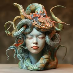 a woman with an elaborate headpiece made out of snakes and other things on her head