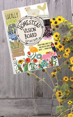 a book sitting on top of a wooden fence next to yellow flowers and green leaves