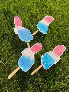 three popsicles painted in the colors of the american flag are sitting on some grass