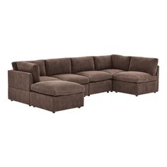 a brown sectional couch with ottomans on the bottom and one foot in the middle, against a white background