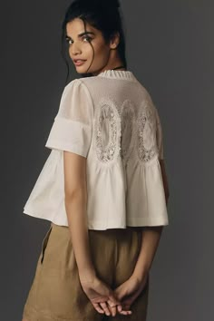 En Elly Short-Sleeve Lace Poplin Swing Top | Anthropologie