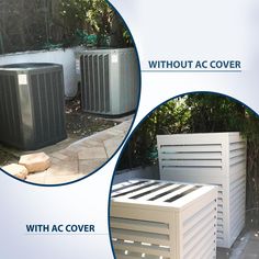 two air conditioners sitting next to each other on the side of a road with trees in the background