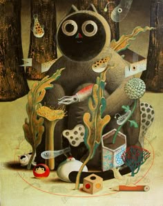 a painting of a cat sitting in the middle of a forest surrounded by fish and plants