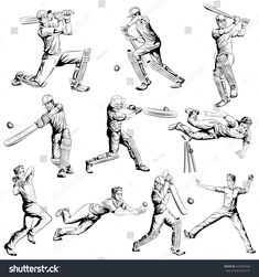 cricket players in various poses and positions to hit the ball with their bat, hand drawn