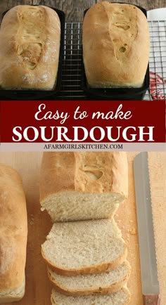 Two loaves of sourdough bread, one partially sliced on wooden cutting board, serrated knife to the right. Quick Sourdough Bread, Sourdough Sandwich Bread, Easy Sourdough Bread Recipe, Sourdough Bread Starter, Sourdough Bread Sandwiches, Sourdough Recipe, Sourdough Sandwich, Homemade Sourdough Bread, Sandwich Bread Recipes