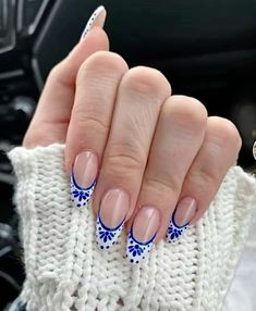 Greek French Tip Nails, Tunisia Nails, Vacation Nail Inspo French Tip, Europe Summer Nails Short, Vacation Nail Inspo Simple, Portuguese Inspired Nails, Clase Azul Nails French, Abba Nails, Greek Style Nails