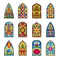 nine stained glass windows with different designs