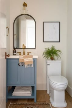 a white toilet sitting next to a blue cabinet in a bathroom under a large mirror