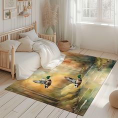 two ducks are flying in the air on a rug