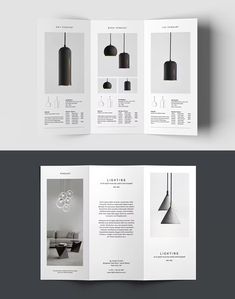 an open brochure with black lamps hanging from it's sides and white walls