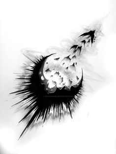 black and white photograph of an eyeball with spikes on it's side, in the air