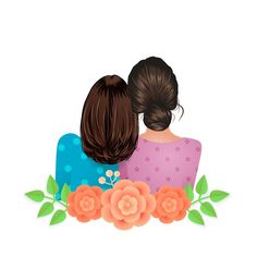 two women sitting next to each other with flowers