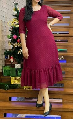 Short One Piece Dress From Old Saree, Simple Frock For Women, Frock Designs For Girl Casual, Georgette Frock For Women, Casual Frocks For Women, Short Frocks For Women, Short Frock Design, Frock Designs For Women, Simple Frock