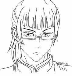 an anime character with glasses and long hair, looking to the side in black and white