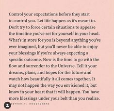 a pink background with the words control your expectations before they start to control you life happens