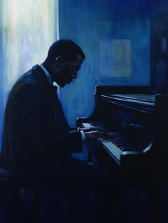 a painting of a man playing the piano