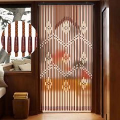 a room with a sliding glass door that has beaded designs on it