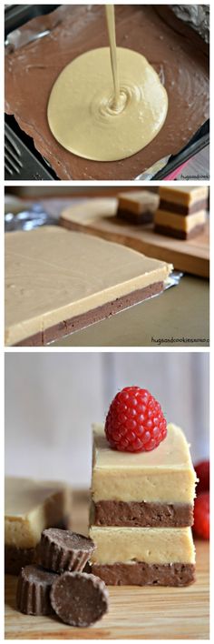 the process of making chocolate cheesecakes with raspberries on top and bottom