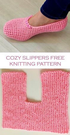 a pair of slippers that are knitted in pink yarn with the words cozy slippers free knitting pattern