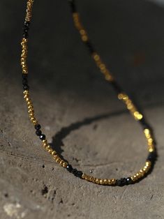 Handmade Black Spinel Golden Bean Mini Beaded Necklace - floysun Black Spinel Necklace, Spinel Necklace, Gold Beaded Necklace, Gemstone Beaded Necklace, Gold Bead Necklace, Unique Beauty, Black Spinel, Unique Gemstones, 925 Silver Jewelry