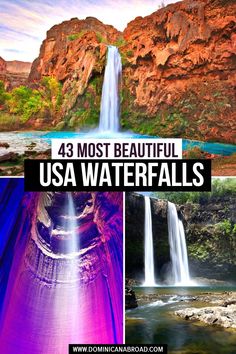 waterfalls and waterfalls with text overlay that reads, 43 most beautiful usa waterfalls