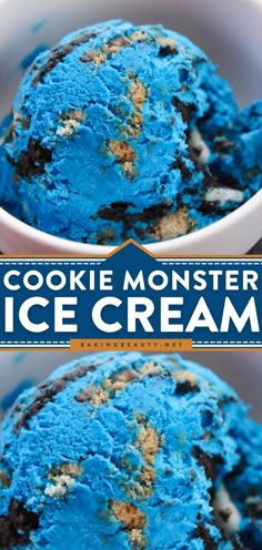 two bowls filled with blue ice cream and the words cookie monster ice cream above them