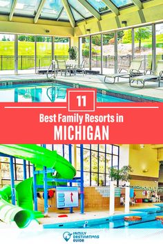 an indoor swimming pool with slides and water features in michigan's best family resort