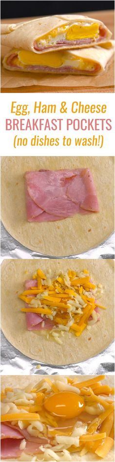 the process to make ham and cheese breakfast pockets is shown in three different stages, including one