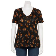 This women's plus size Jollidays autumn Halloween print V-neck T-shirt is a festive staple throughout the fall season. Click on this WOMEN'S GUIDE to find the perfect fit and more!This women's plus size Jollidays autumn Halloween print V-neck T-shirt is a festive staple throughout the fall season. Click on this WOMEN'S GUIDE to find the perfect fit and more!FEATURES V-neck Short sleeves Pullover styling Straight hemFIT & SIZING 25-in. length Regular fitFABRIC & CARE Rayon, spandex Machine wash d Casual V-neck Halloween Tops, Autumn Halloween, Short Sleeve Pullover, Halloween Prints, Fall Season, The Fall, Pullover Styling, V Neck T Shirt, Perfect Fit