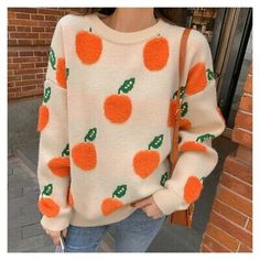 Top Seller for Women Knit Pullover Fruit Jacquard Sweater Jumper Casual Loose Orange Tops, New Womens Sweaters Cherry Sweater, Orange Pullover, Winter Knitwear, Cherry Pattern, Oversized Sweater Women, Winter Knit Sweater, Pull Oversize, Long Sleeve Jumper, Orange Sweaters