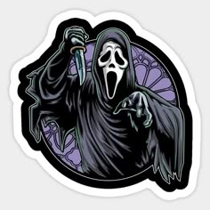 a sticker with a ghost holding a knife in it's hand and wearing a black