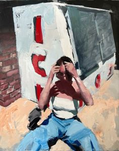 a painting of a person sitting on the ground