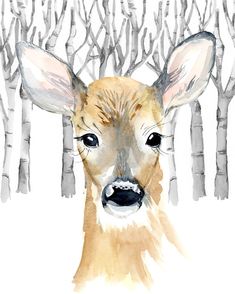 a watercolor painting of a deer in the woods