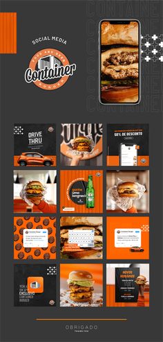 an orange and black advertisement for a burger restaurant with images of hamburgers on it