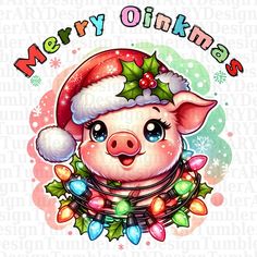 a pig wearing a santa claus hat with christmas lights around it's neck and the words merry