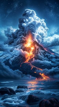 Huge volcano has woken up and released a huge cloud of lave and ash into the night starry sky Volcanic Island Fantasy Art, Future Nature, Dead Forest, Volcano Eruption, Tropical Bathroom, Occult Books, Flyer And Poster Design, Into The Night