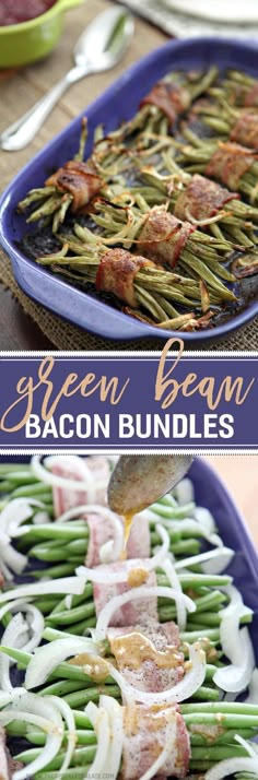 green bean bacon bundles on a blue platter