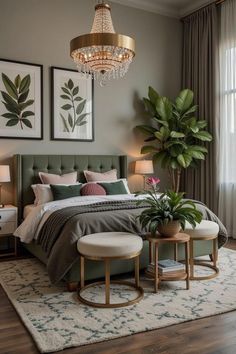 a bedroom with a bed, two tables and a chandelier hanging from the ceiling