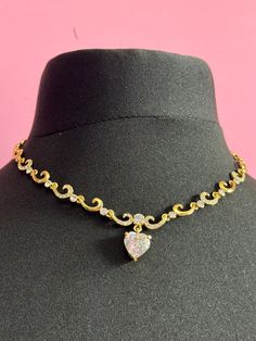 Vintage gold tone Clear glass diamanté modernist design panel link love heart crystal collar necklace 44cm Gold Crystal Heart Pendant Jewelry, Gold Crystal Rhinestone Necklace For Valentine's Day, Valentine's Day Gold Crystal Rhinestone Necklace, Gold Metal Heart Choker Necklace, Gold Crystal Rhinestone Necklace For Anniversary, Gold Rhinestone Necklace For Valentine's Day Party, Valentine's Day Gold Rhinestone Necklace For Party, Gold Crystal Heart Pendant Necklace, Gold Rhinestone Necklace In Costume Jewelry Style