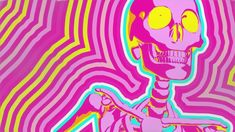 a skeleton with yellow eyes and pink background