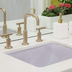 two faucets and soap dispensers are sitting on the counter top