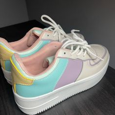 Super Cute Pastel Color Block Sneakers, Perfect Condition - Never Been Worn! Us Size 7 Pastel Color Block Outfit, Pastel Sneakers, Sayori Ddlc, Decora Fashion, Clown Core, Techwear Streetwear, Bulky Knit, Rainbow Shoes, Color Blocking Outfits