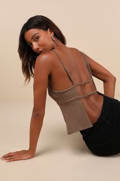 The Lulus Flirty Mode Light Brown Seamed Backless Tank Top only knows how to collect compliments and phone numbers! Stretchy ponte knit (with a subtle tonal striped design) shapes this tank top with adjustable spaghetti straps, a scoop neckline, and a darted bodice with flattering seaming at the front. Turn around to reveal an open back design crossed by slender adjustable straps. Pair to perfection with your favorite denim for a casual going-out look! Fit: This garment fits true to size. Length Backless Top Outfit, Spagetti Strap, Design Shapes, Open Back Tank Top, Backless Tank Top, Lingerie Top, Suede Tops, Backless Top, Adhesive Bra