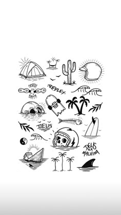 an ink drawing of different types of things in the ocean and on land, including palm trees