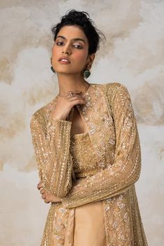 Buy Gold Organza Hand Embroidered Floral Pattern Jacket With Skirt Set For Women by COUTURE BY NIHARIKA Online at Aza Fashions. Jacket With Skirt, Gold Organza, Organza Jacket, Pattern Sleeve, Bias Skirt, Reception Look, Pattern Jacket, Skirt And Blouse