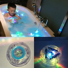 three pictures of a child in a bathtub with lights on the side and water running through it