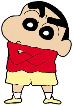 a cartoon character with black eyes and a red shirt