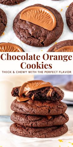 chocolate orange cookies stacked on top of each other with the title in the middle above it