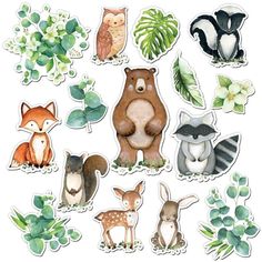 an assortment of stickers with different animals and plants on the bottom one has leaves